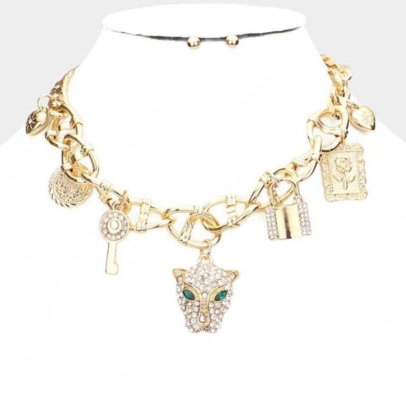 Leopard Rhinestone Heart Key Lock Flower Gold Station Necklace Set NWT - Picture 1 of 7